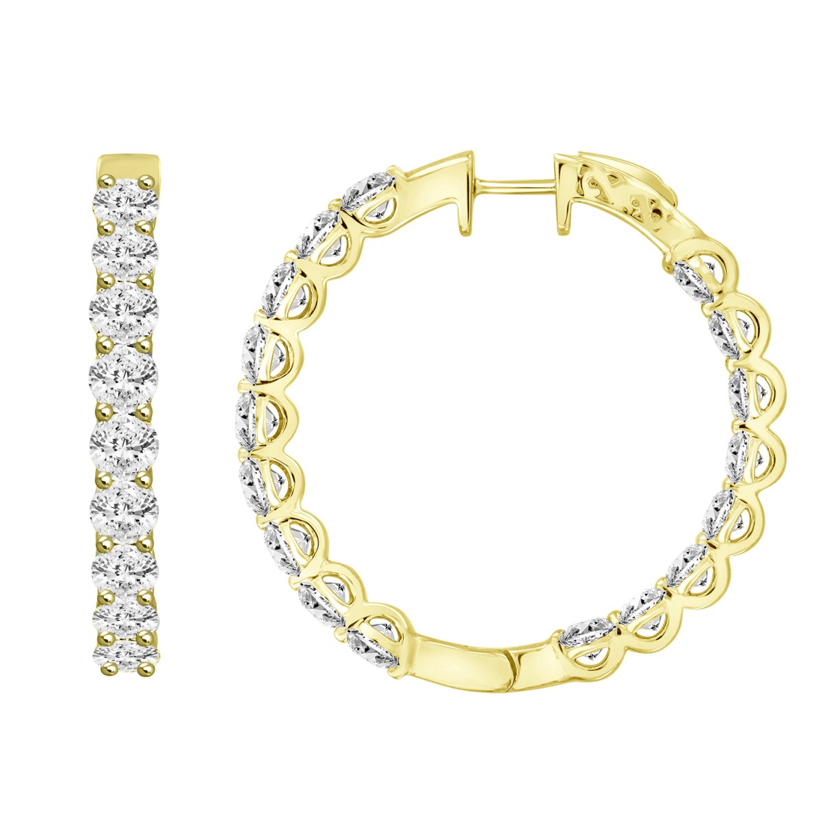 LADIES HOOP EARRINGS 5CT ROUND DIAMOND 14K YELLOW GOLD