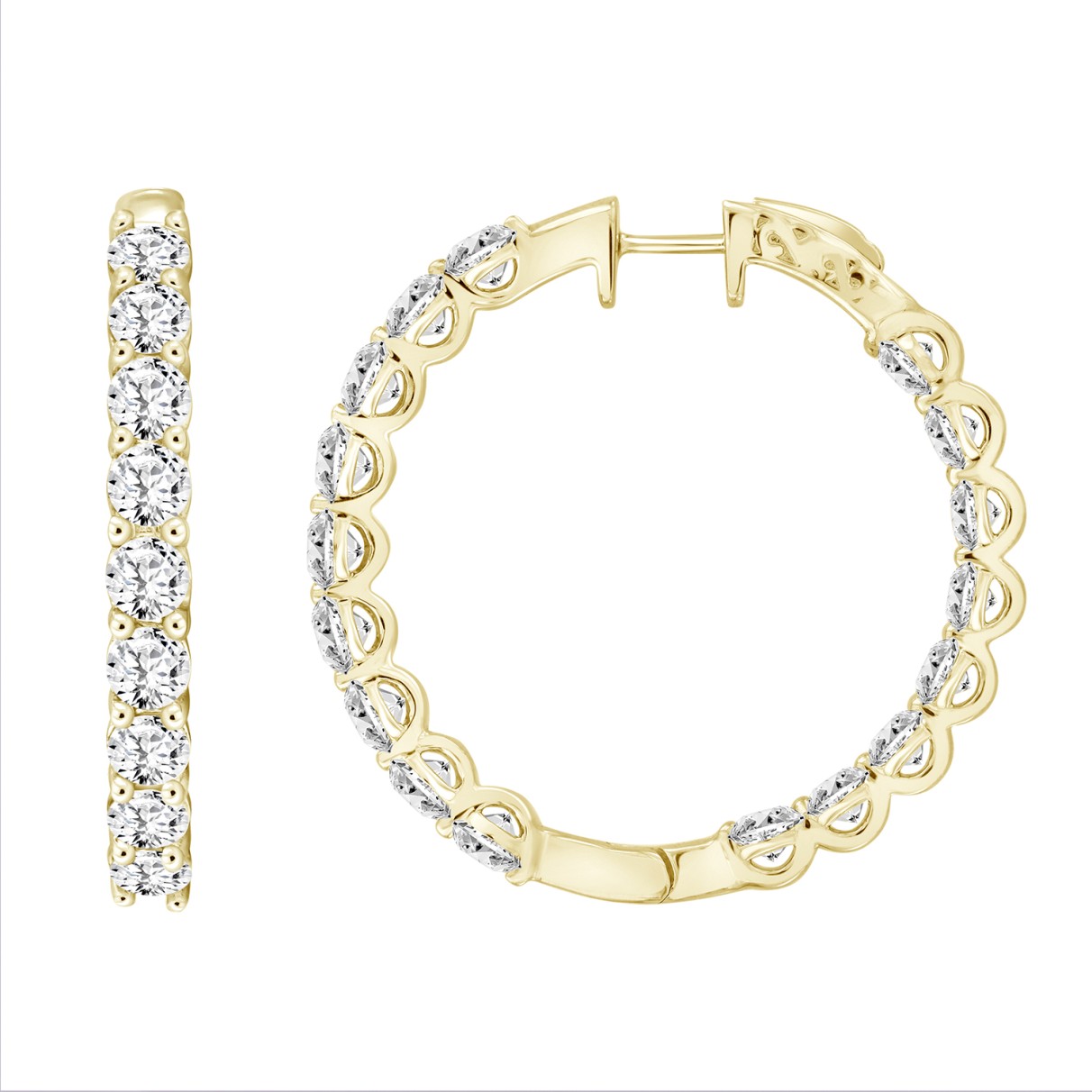 LADIES HOOP EARRINGS 7CT ROUND DIAMOND 14K YELLOW GOLD