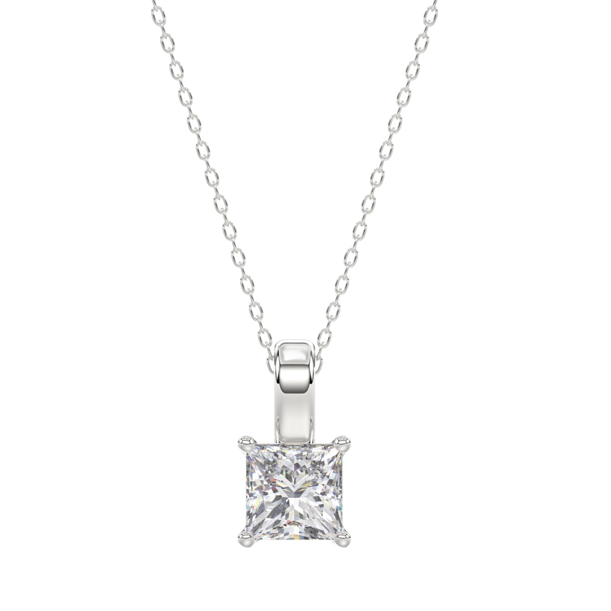 LADIES SOLITAIRE PENDANT WITH CHAIN 1 1/2CT PRINCESS DIAMOND 14K WHITE GOLD