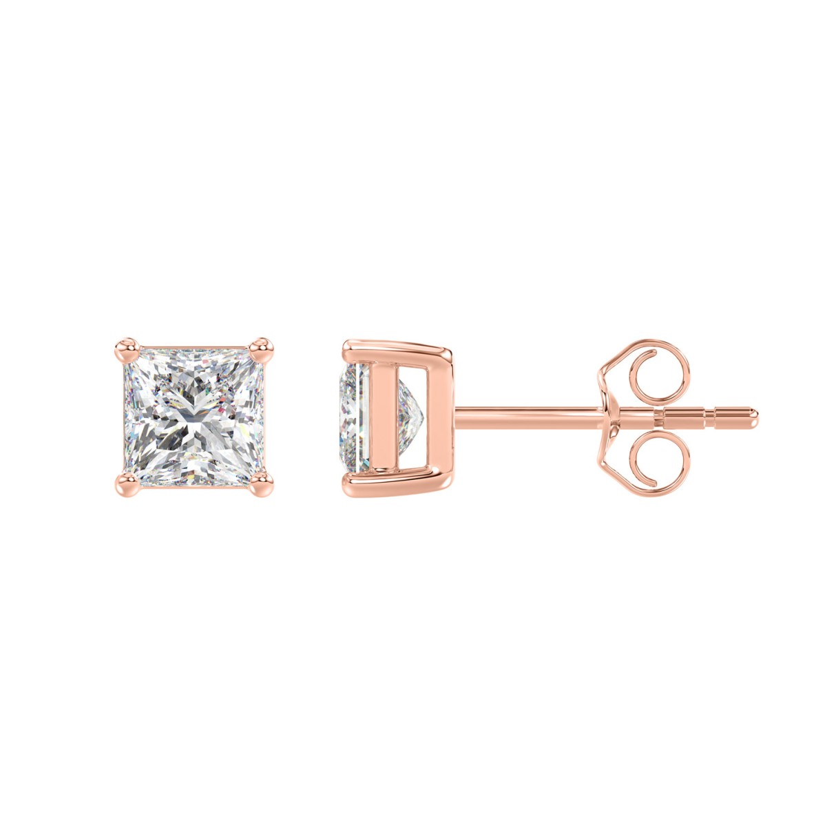 LADIES SOLITAIRE EARRINGS 2CT PRINCESS DIAMOND 14K ROSE GOLD