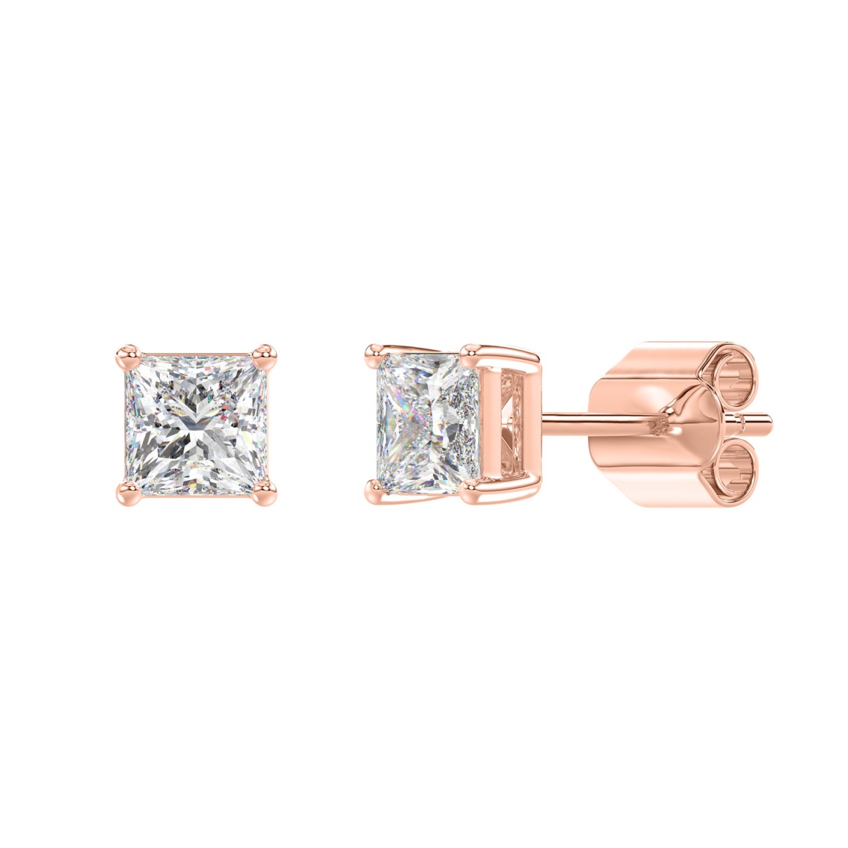 LADIES SOLITAIRE EARRINGS 2CT PRINCESS DIAMOND 14K ROSE GOLD