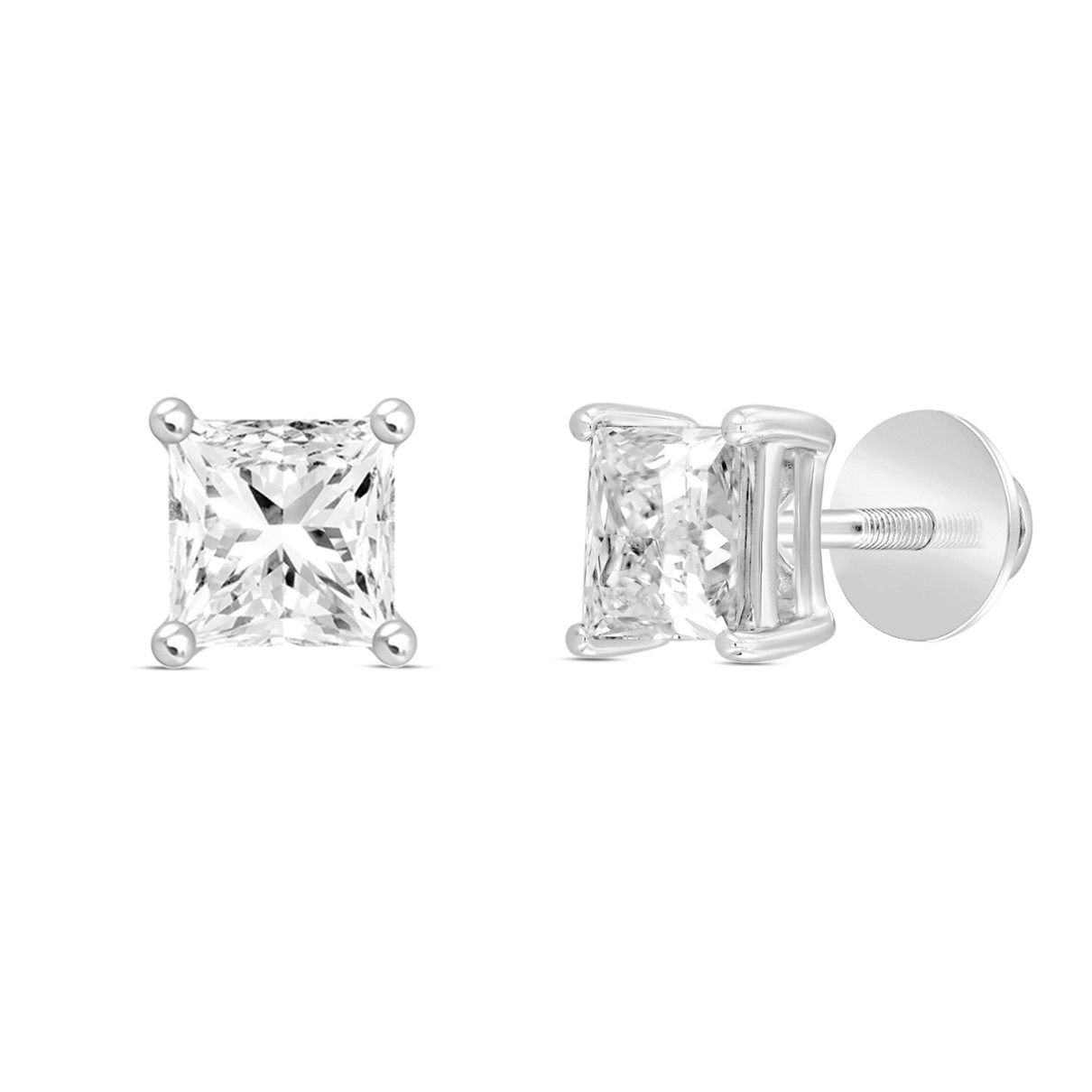 LADIES SOLITAIRE EARRINGS 2CT PRINCESS DIAMOND 14K WHITE GOLD