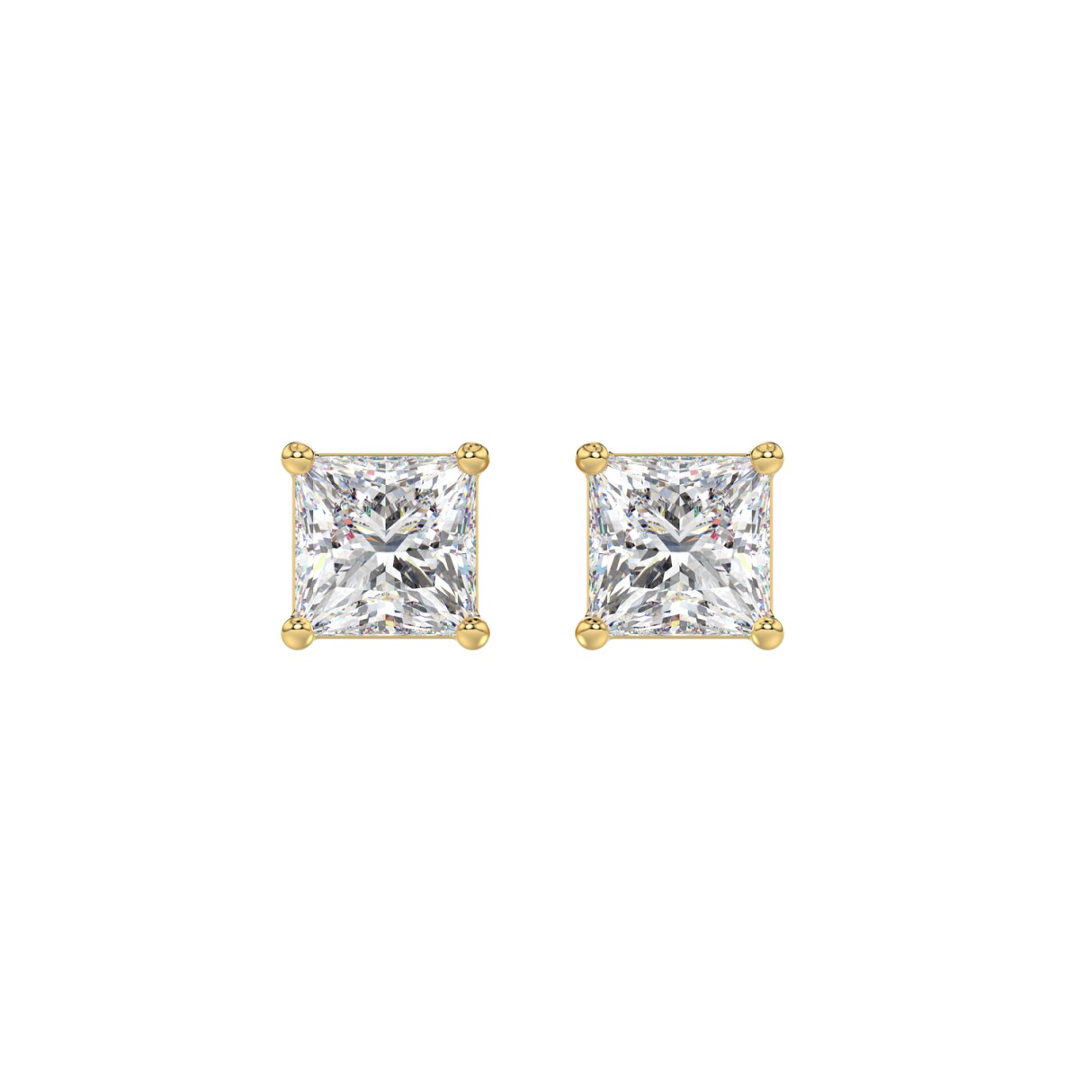 LADIES SOLITAIRE EARRINGS 2CT PRINCESS DIAMOND 14K YELLOW GOLD