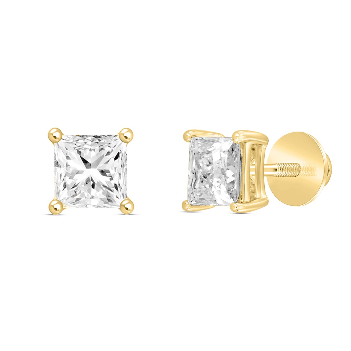 LADIES SOLITAIRE EARRINGS  2CT PRINCESS DIAMOND 14K YELLOW GOLD