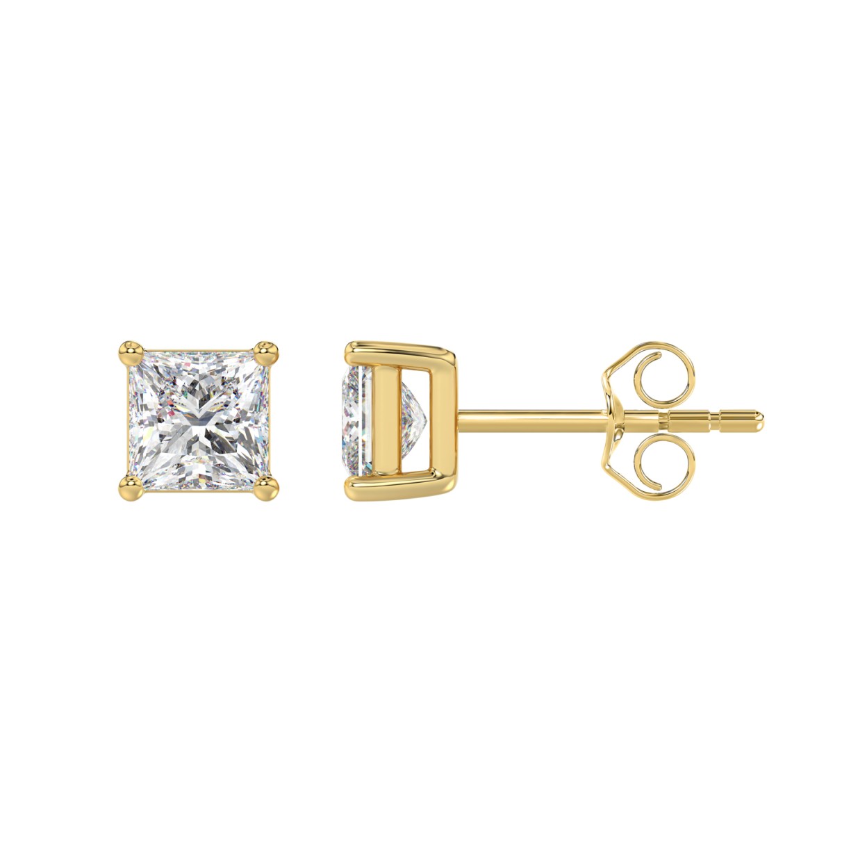 LADIES SOLITAIRE EARRINGS 2CT PRINCESS DIAMOND 14K YELLOW GOLD