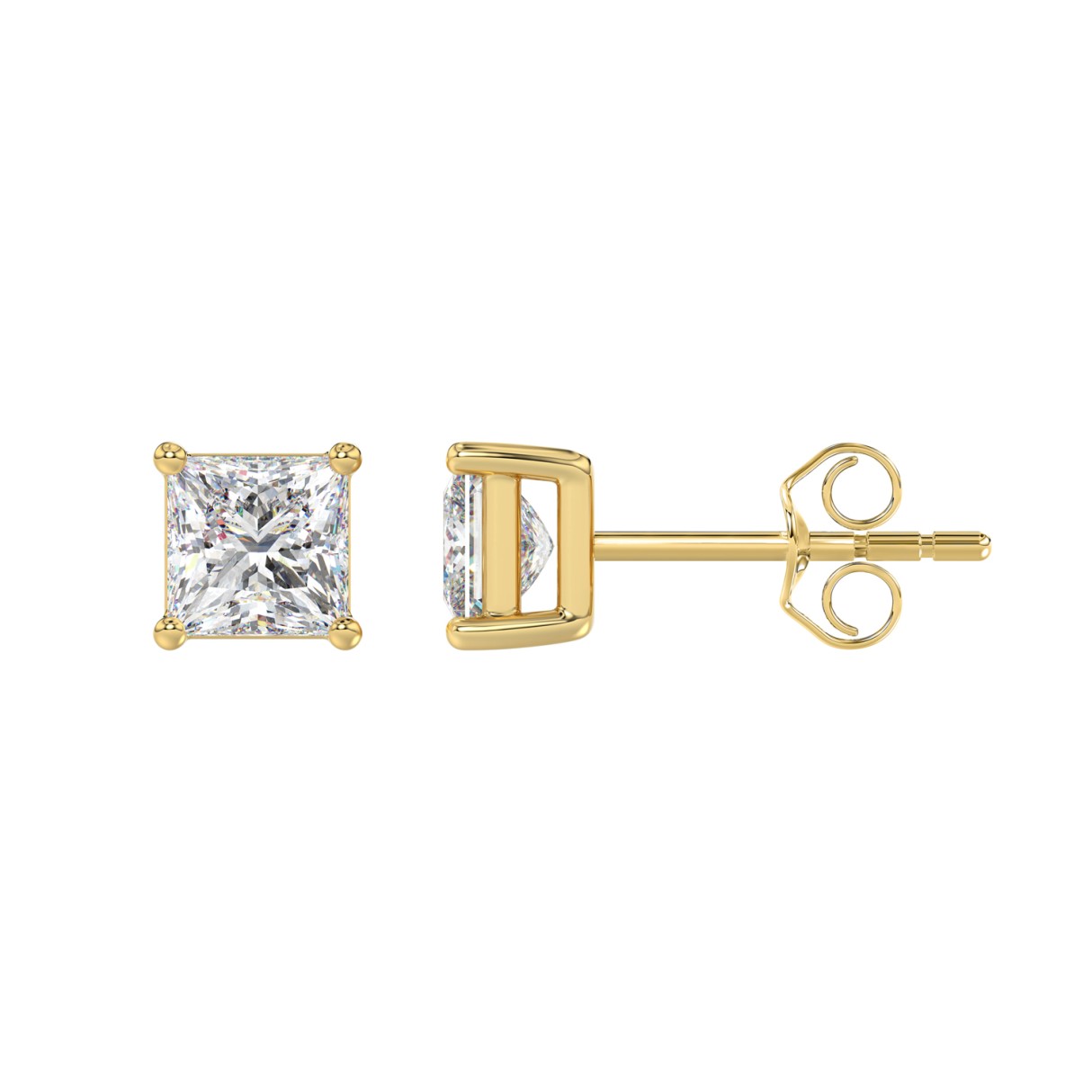 LADIES SOLITAIRE EARRINGS 2CT PRINCESS DIAMOND 14K YELLOW GOLD