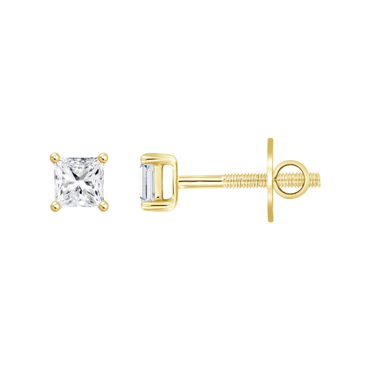 LADIES SOLITAIRE EARRINGS 2CT PRINCESS DIAMOND 14K YELLOW GOLD