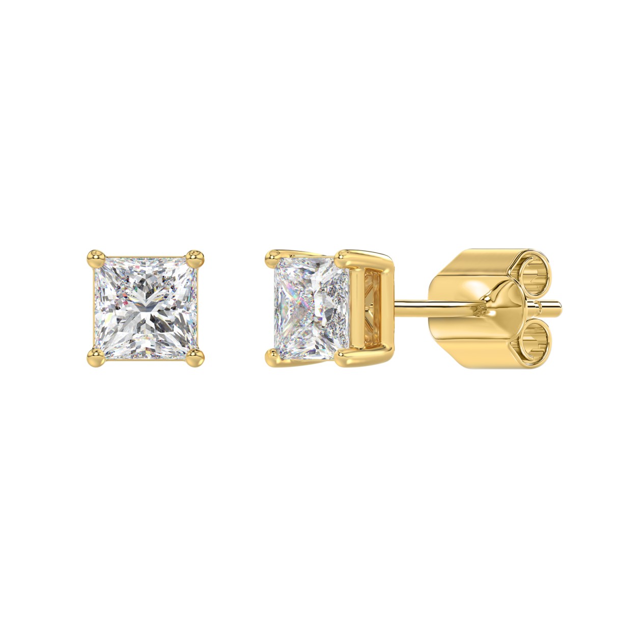 LADIES SOLITAIRE EARRINGS 2CT PRINCESS DIAMOND 14K YELLOW GOLD