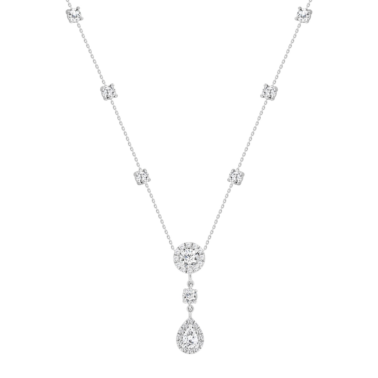 LADIES NECKLACE 2 3/4CT ROUND/PEAR DIAMOND 14K WHITE GOLD (CENTER STONE ROUND/PEAR DIAMOND 1/2CT 1/2CT )