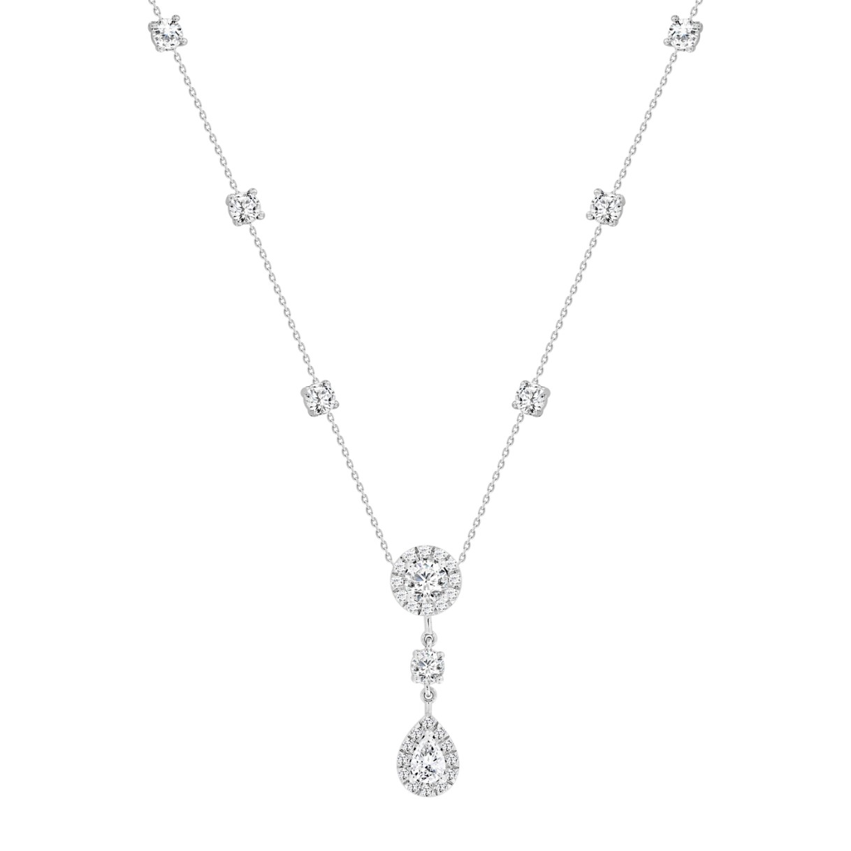 LADIES NECKLACE 2 3/4CT ROUND/PEAR DIAMOND 14K WHITE GOLD (CENTER STONE ROUND/PEAR DIAMOND 1/2CT 1/2CT )