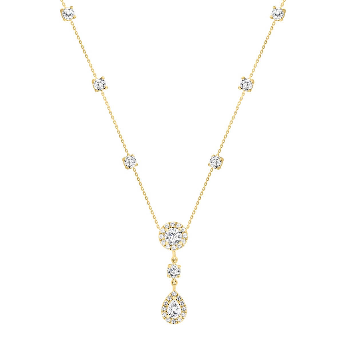 LADIES NECKLACE 2 3/4CT ROUND/PEAR DIAMOND 14K YELLOW GOLD (CENTER STONE ROUND/PEAR DIAMOND 1/2CT 1/2CT )