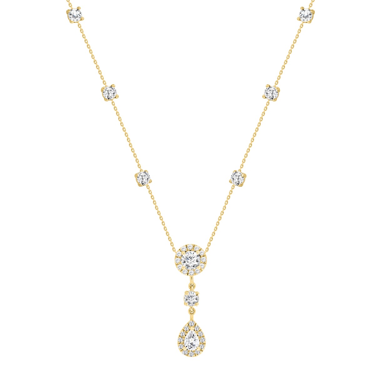 LADIES NECKLACE 2 3/4CT ROUND/PEAR DIAMOND 14K YELLOW GOLD (CENTER STONE ROUND/PEAR DIAMOND 1/2CT 1/2CT )