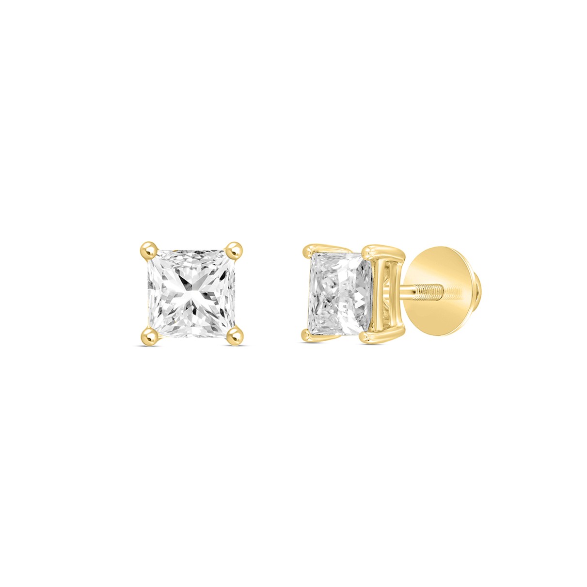 LADIES SOLITAIRE EARRINGS 1/2CT PRINCESS DIAMOND 14K YELLOW GOLD (CENTER STONE PRINCESS DIAMOND 1/4CT )
