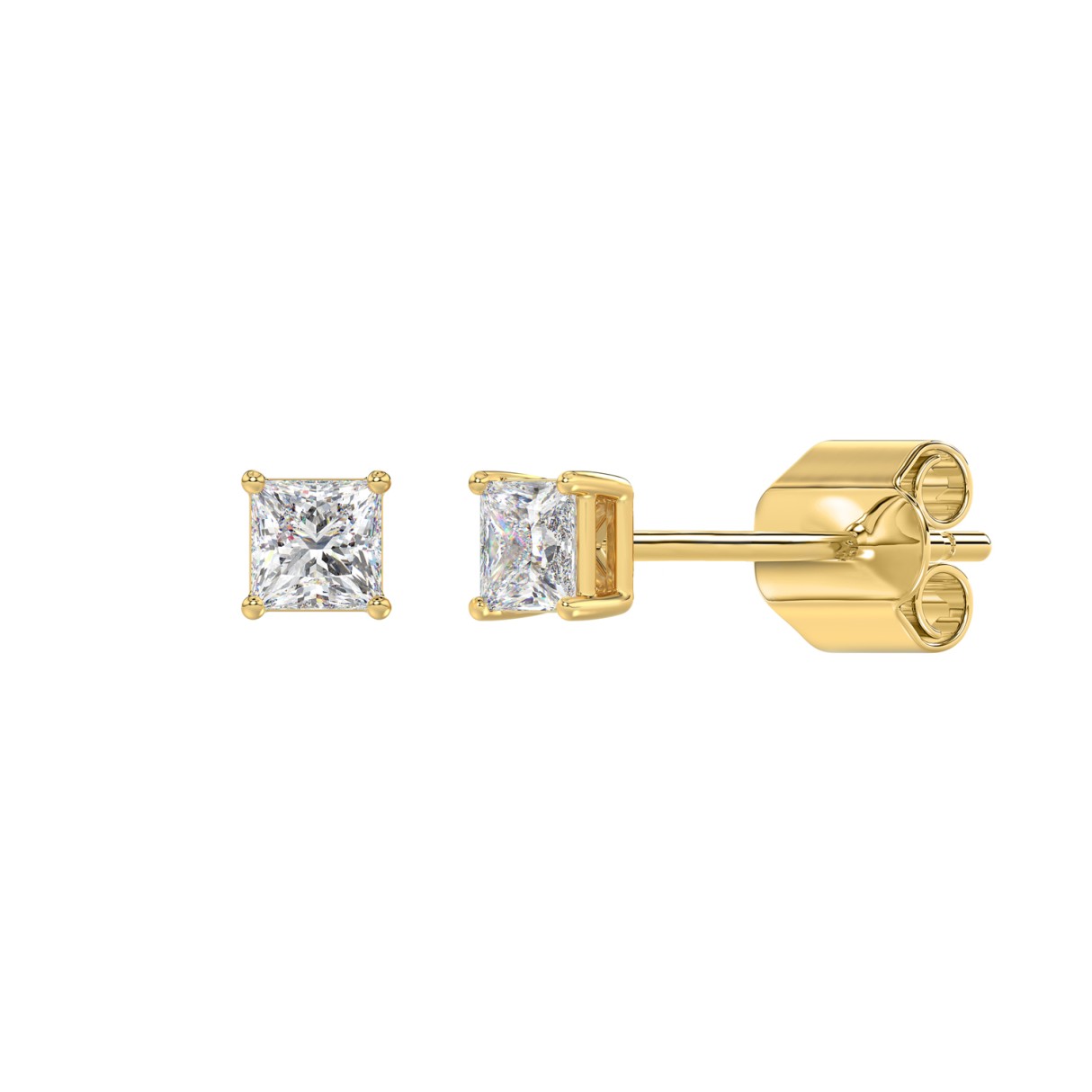 LADIES SOLITAIRE EARRINGS 1/2CT PRINCESS DIAMOND 14K YELLOW GOLD (CENTER STONE PRINCESS DIAMOND 1/4CT )