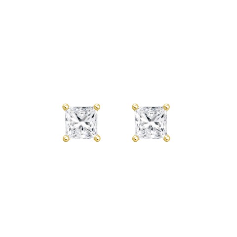 LADIES SOLITAIRE EARRINGS  1 1/2CT PRINCESS DIAMOND 14K YELLOW GOLD
