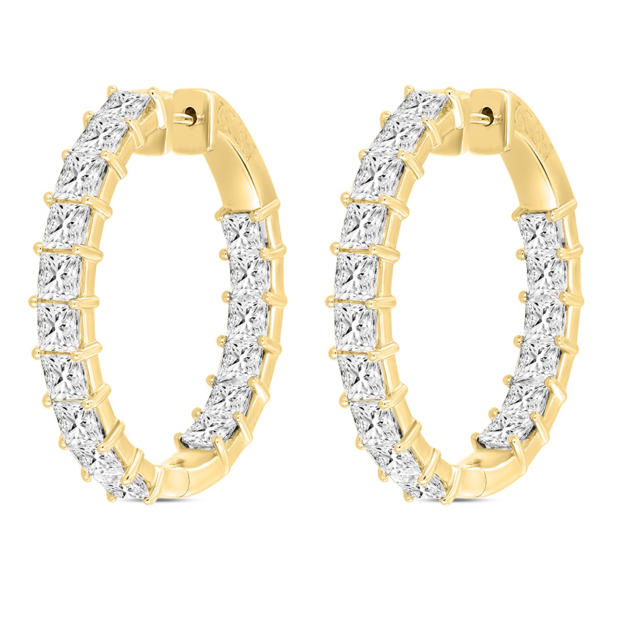 LADIES HOOP EARRINGS 7CT PRINCESS DIAMOND 14K YELLOW GOLD