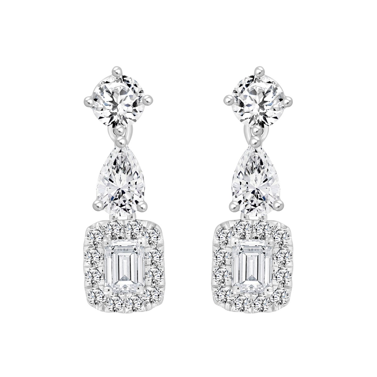 LADIES EARRINGS 2CT ROUND/EMERALD/PEAR DIAMOND 14K...