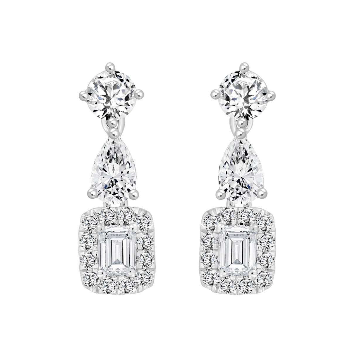 LADIES EARRINGS 2CT ROUND/EMERALD/PEAR DIAMOND 14K...