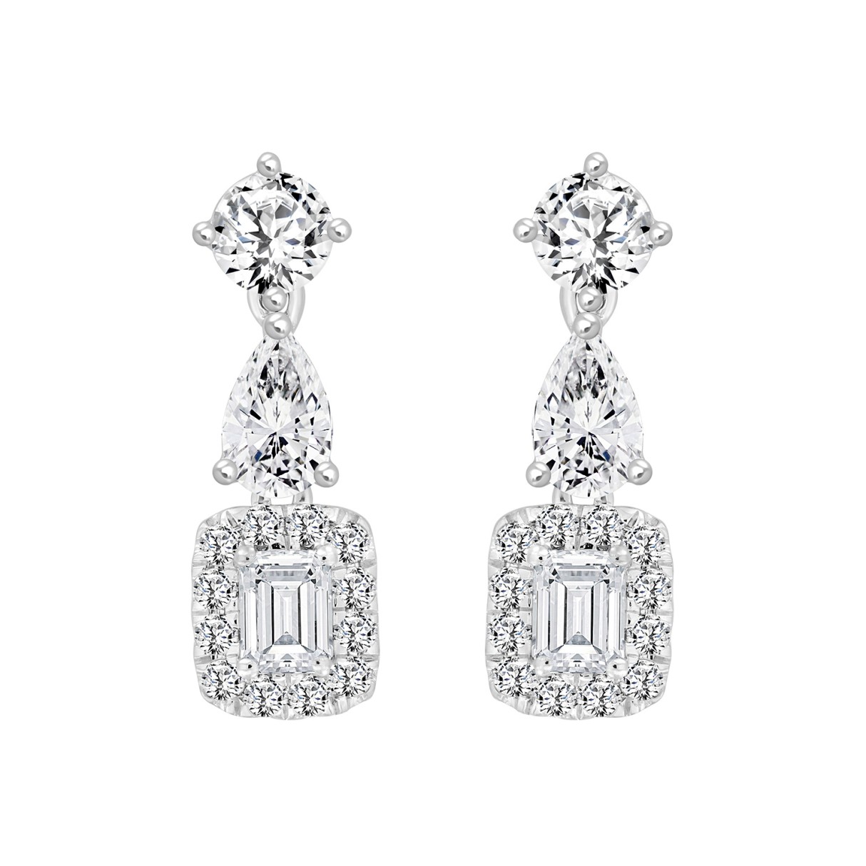 LADIES EARRINGS 2CT ROUND/EMERALD/PEAR DIAMOND 14K WHITE GOLD (CENTER STONE EMERALD DIAMOND 1/2CT )