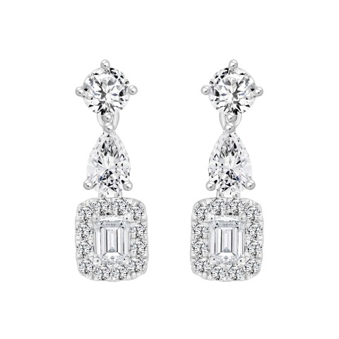 LADIES EARRINGS 2CT ROUND/EMERALD/PEAR DIAMOND 14K WHITE GOLD (CENTER STONE EMERALD DIAMOND 1/2CT )