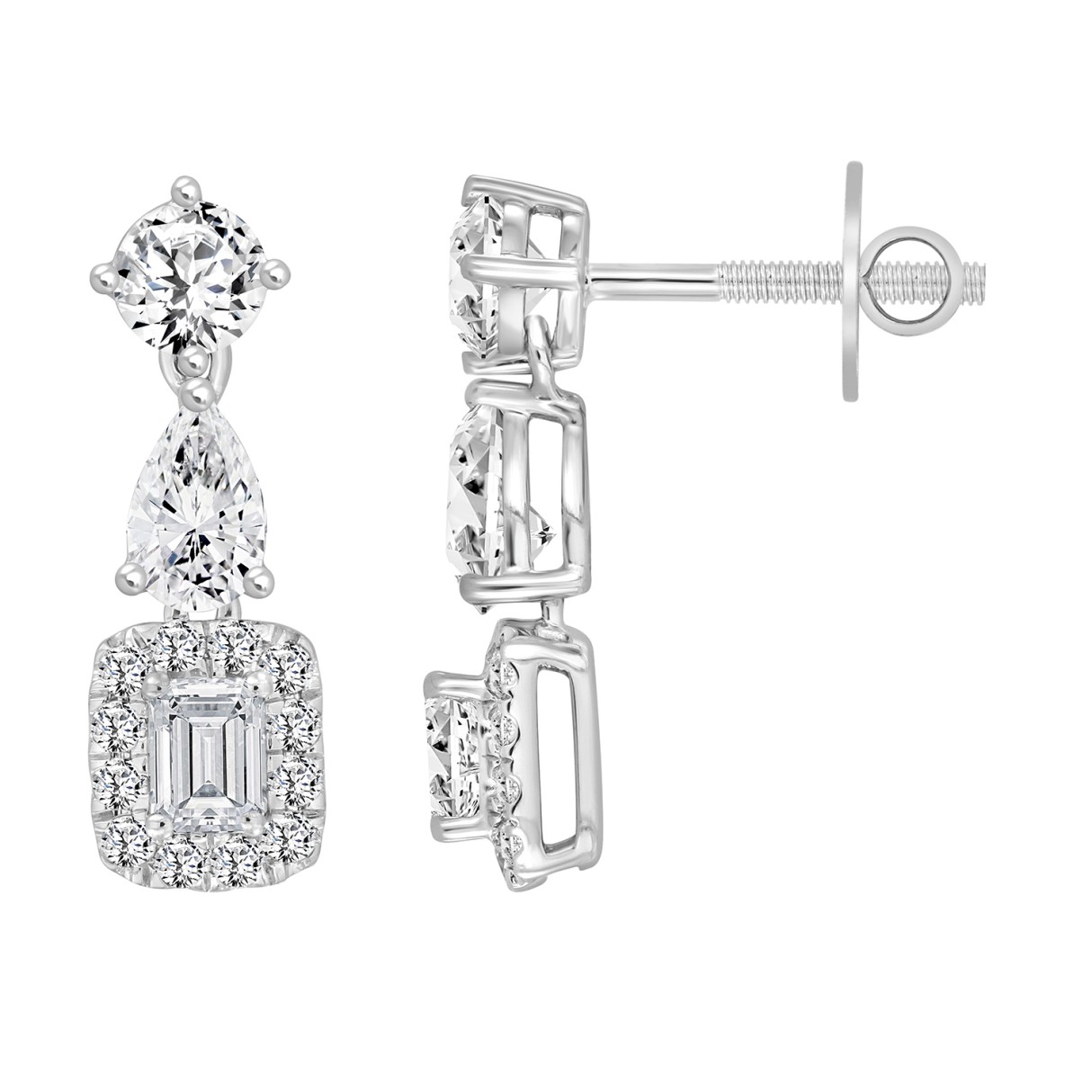 LADIES EARRINGS 2CT ROUND/EMERALD/PEAR DIAMOND 14K WHITE GOLD (CENTER STONE EMERALD DIAMOND 1/2CT )