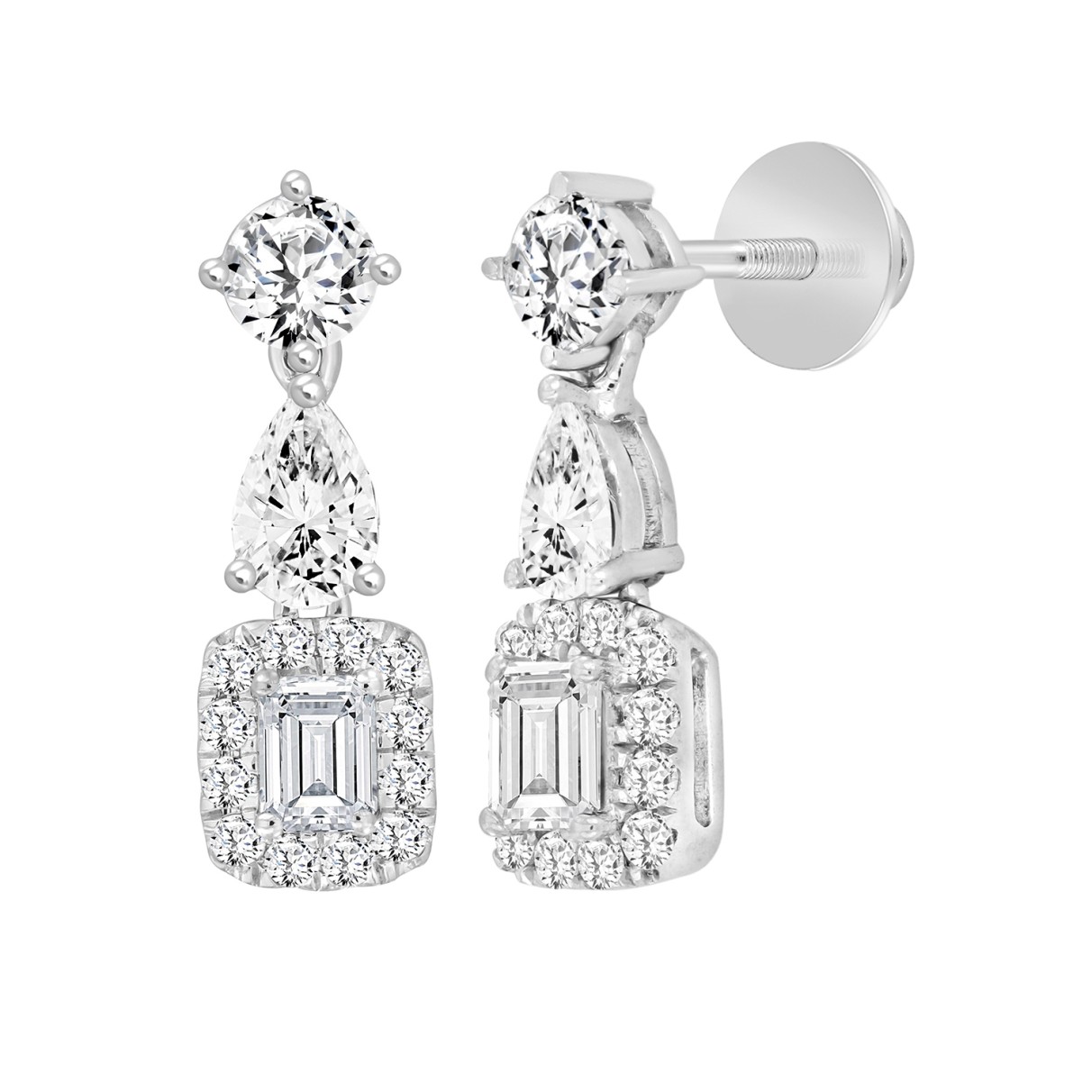 LADIES EARRINGS 2CT ROUND/EMERALD/PEAR DIAMOND 14K WHITE GOLD (CENTER STONE EMERALD DIAMOND 1/2CT )