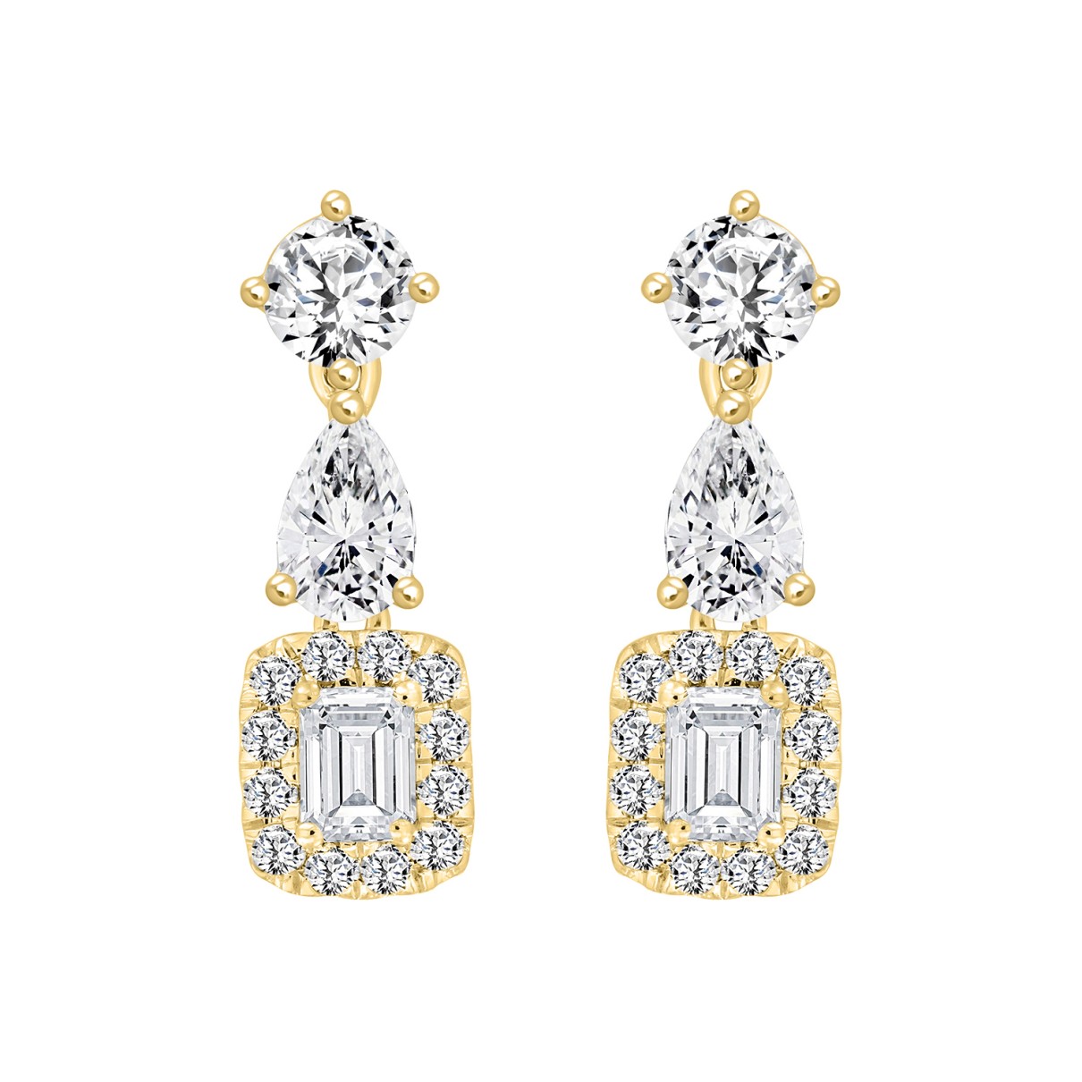 LADIES EARRINGS 2CT ROUND/EMERALD/PEAR DIAMOND 14K YELLOW GOLD (CENTER STONE EMERALD DIAMOND 1/2CT )