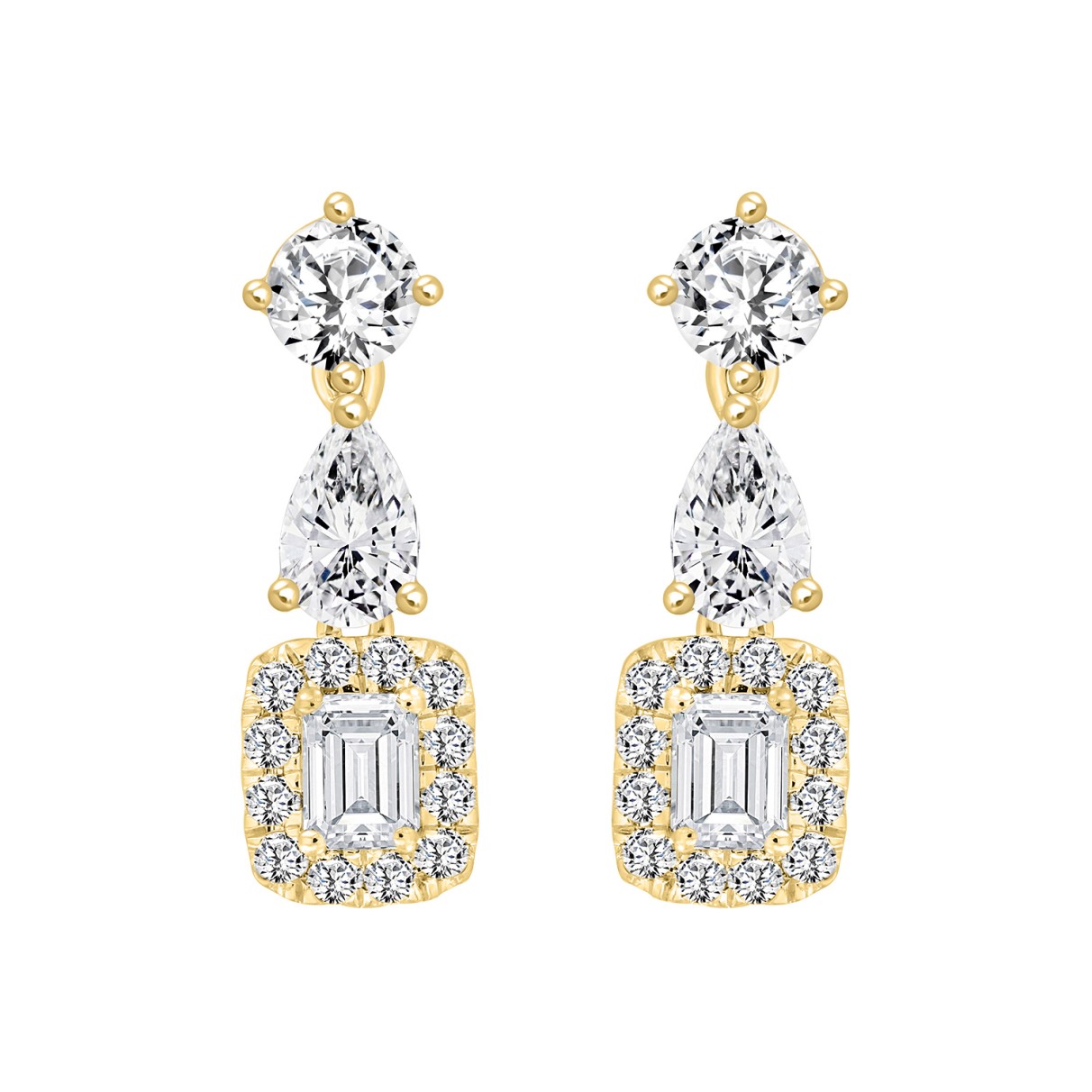 LADIES EARRINGS 2CT ROUND/EMERALD/PEAR DIAMOND 14K...