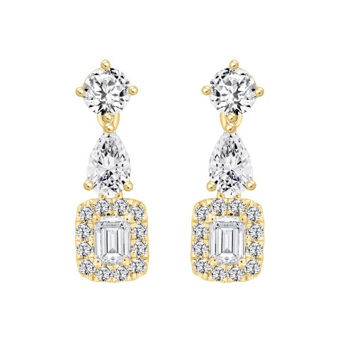 LADIES EARRINGS 2CT ROUND/EMERALD/PEAR DIAMOND 14K YELLOW GOLD (CENTER STONE EMERALD DIAMOND 1/2CT )