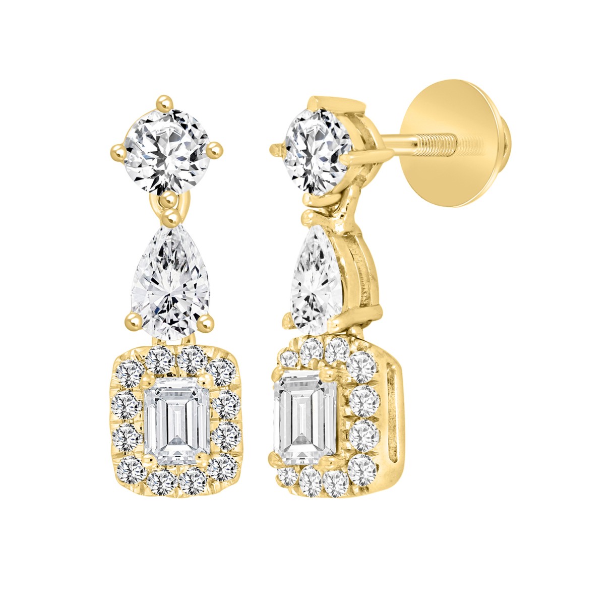 LADIES EARRINGS 2CT ROUND/EMERALD/PEAR DIAMOND 14K YELLOW GOLD (CENTER STONE EMERALD DIAMOND 1/2CT )