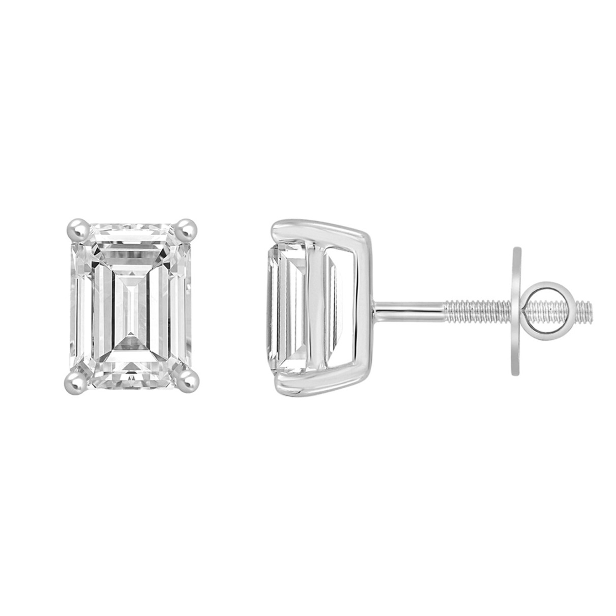 LADIES SOLITAIRE EARRINGS  1 1/2CT EMERALD DIAMOND 14K WHITE GOLD