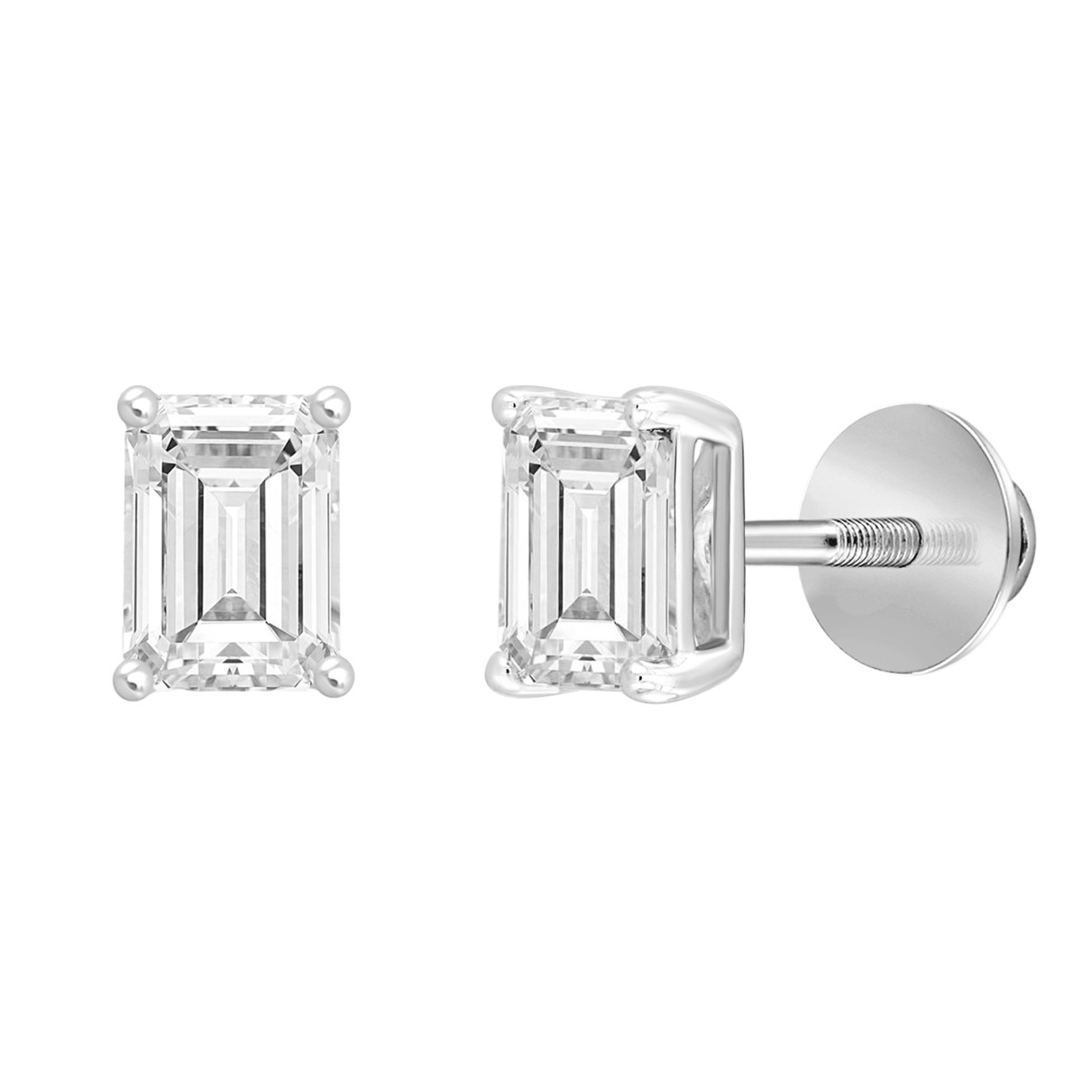 LADIES SOLITAIRE EARRINGS 1 1/2CT EMERALD DIAMOND 14K WHITE GOLD