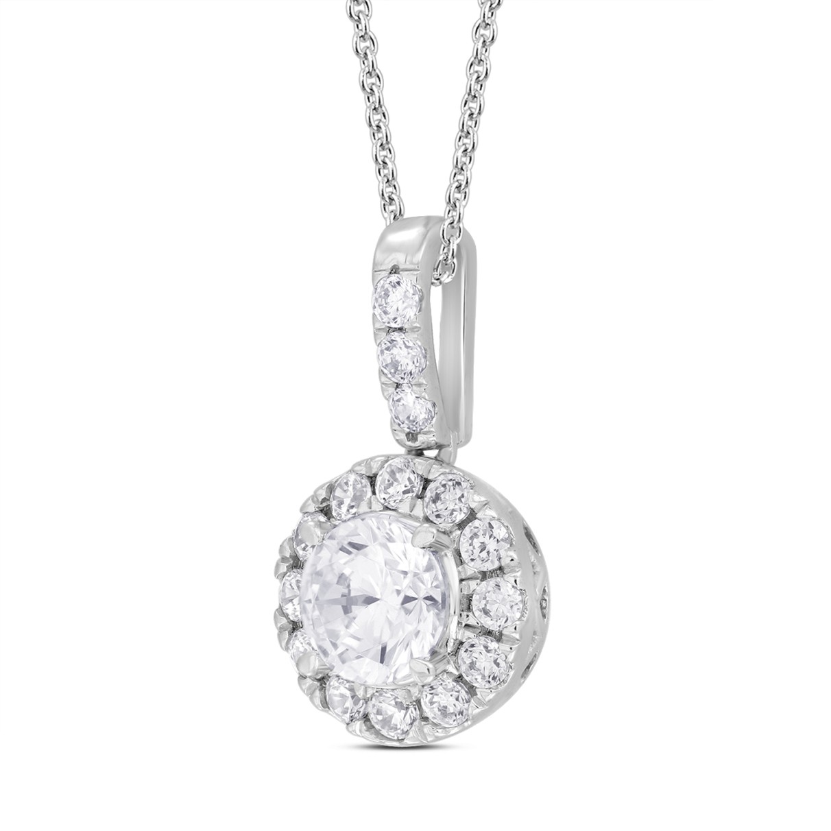 LADIES PENDANT WITH CHAIN 1 1/2CT ROUND DIAMOND 14K WHITE GOLD (CENTER STONE ROUND DIAMOND 1CT)