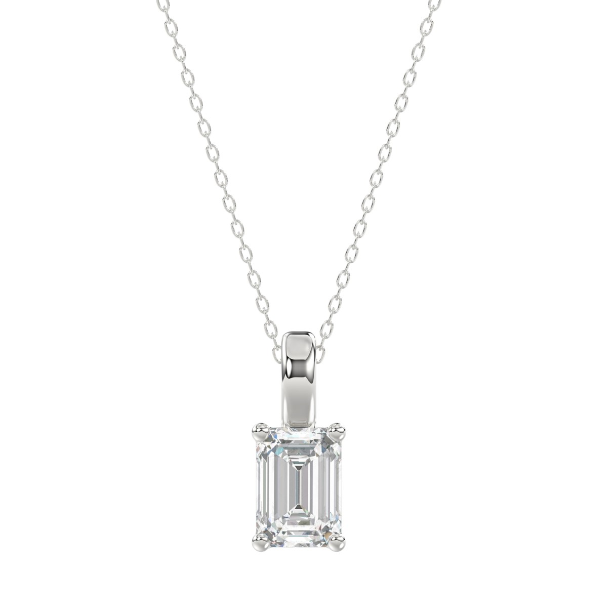 LADIES SOLITAIRE PENDANT WITH CHAIN 1 1/2CT EMERALD DIAMOND 14K WHITE GOLD