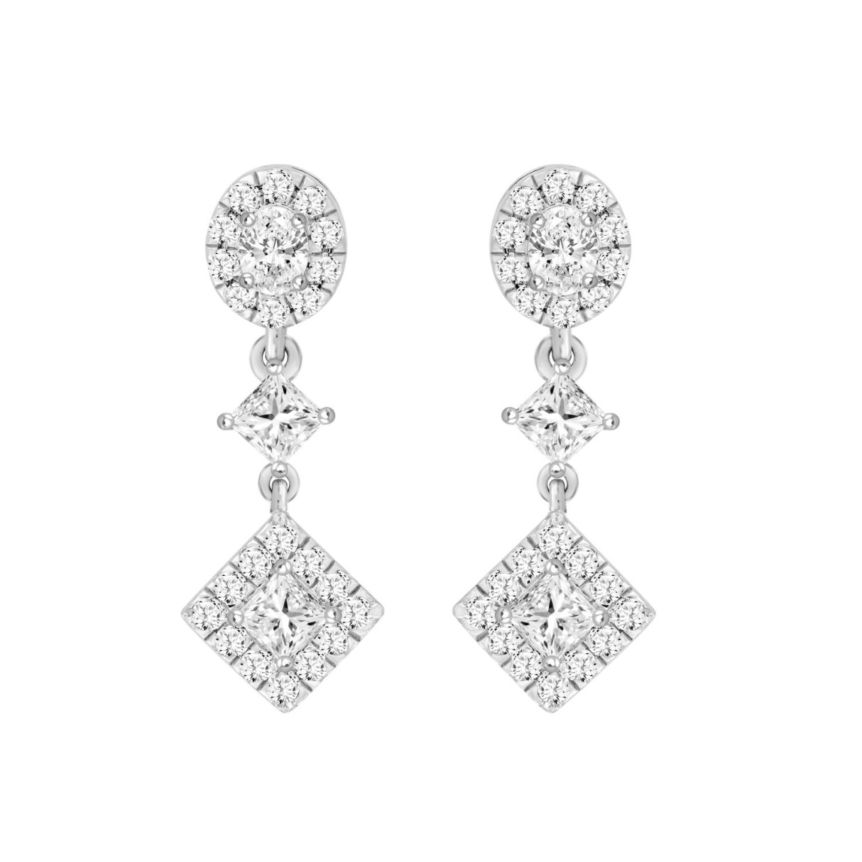 LADIES EARRINGS 1 3/4CT ROUND/OVAL/PRINCESS DIAMOND 14K WHITE GOLD