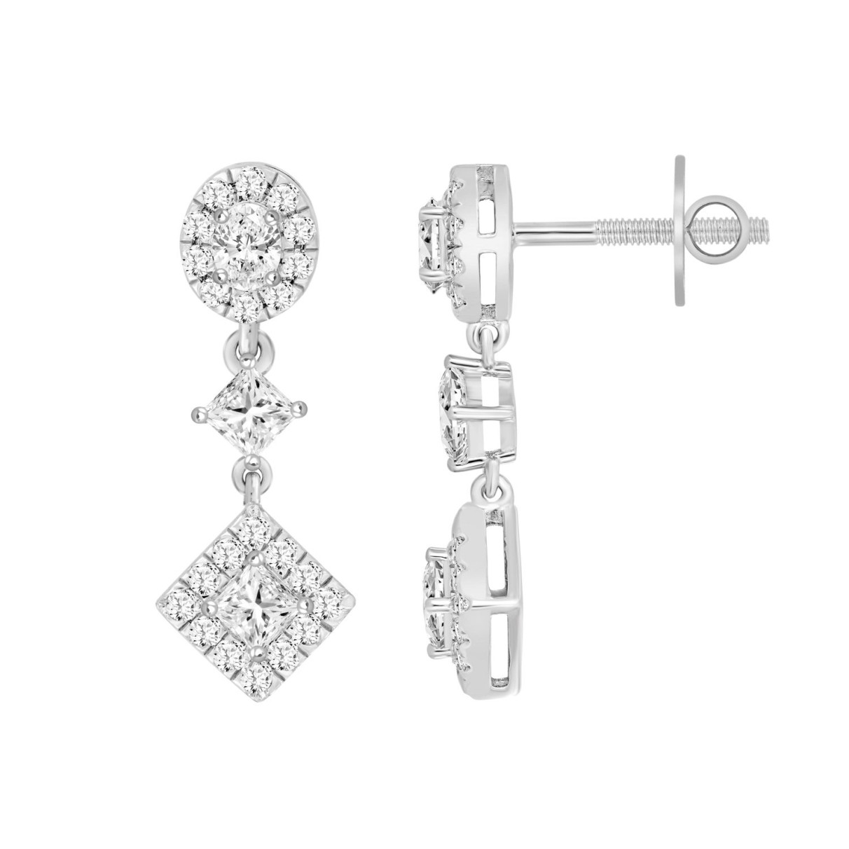 LADIES EARRINGS 1 3/4CT ROUND/OVAL/PRINCESS DIAMOND 14K WHITE GOLD