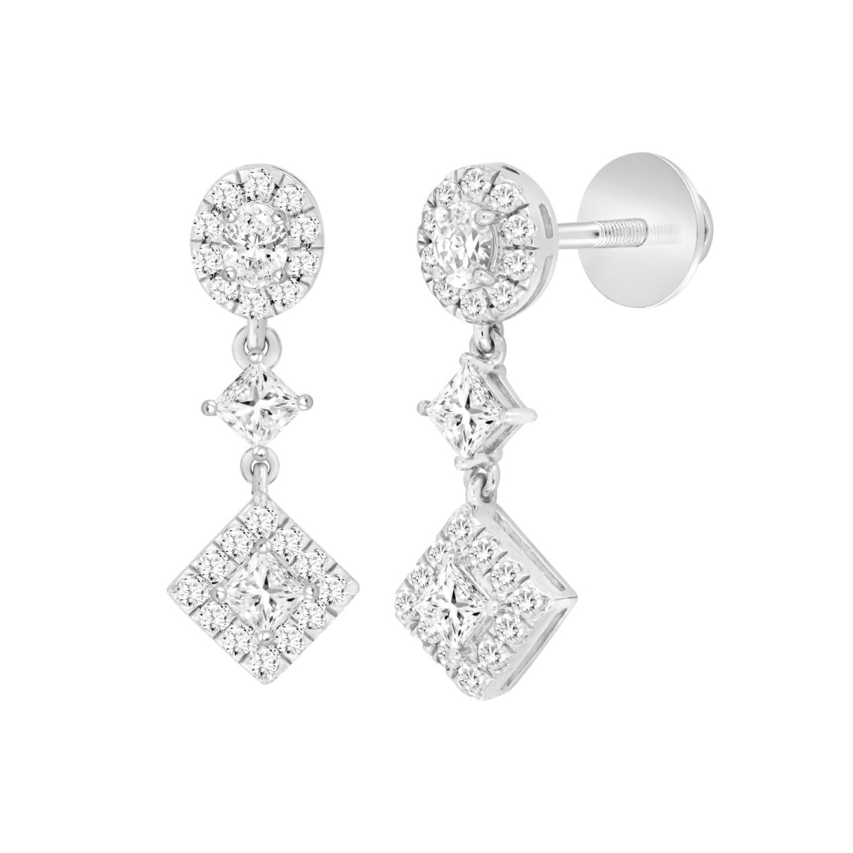 LADIES EARRINGS 1 3/4CT ROUND/OVAL/PRINCESS DIAMOND 14K WHITE GOLD