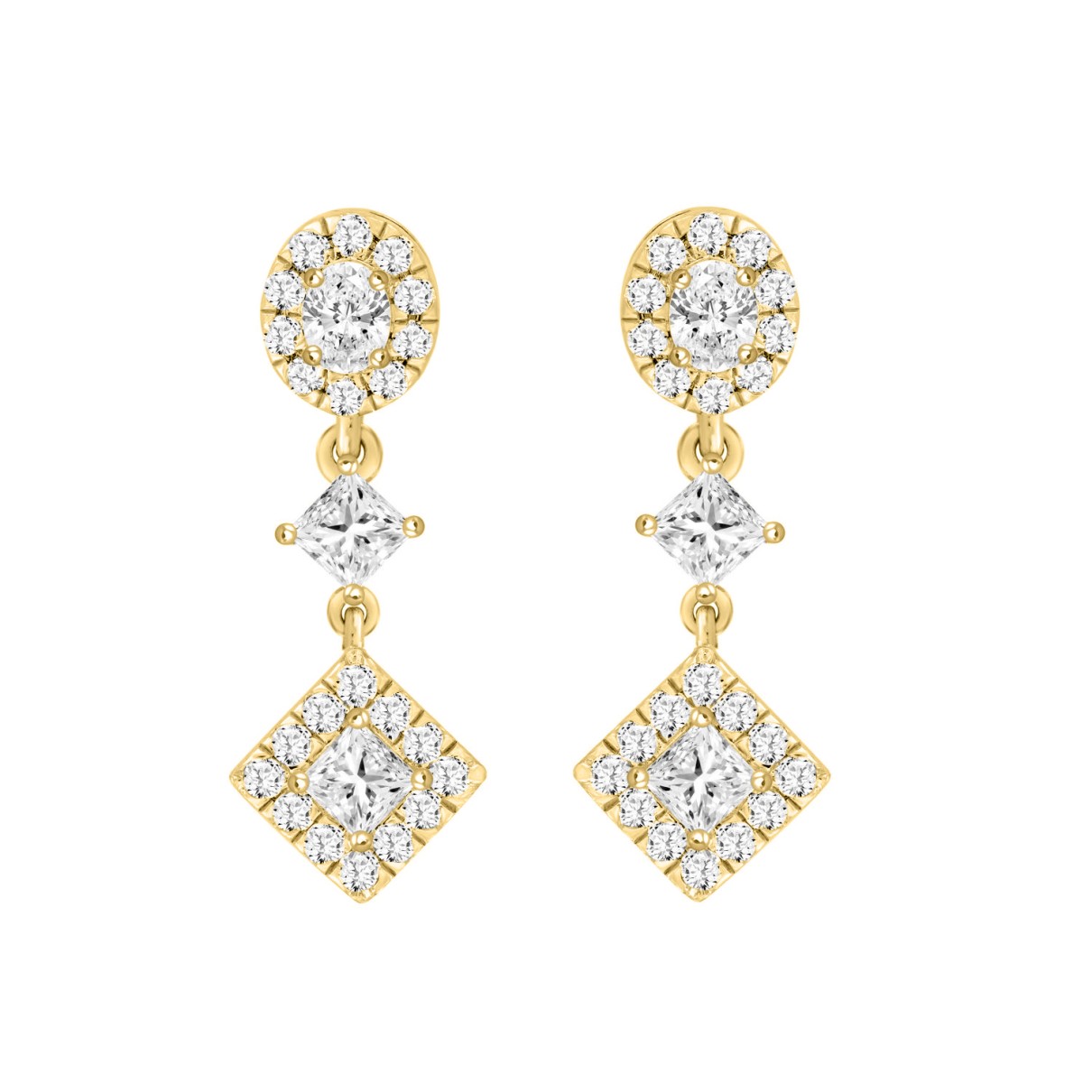 LADIES EARRINGS 1 3/4CT ROUND/OVAL/PRINCESS DIAMOND 14K YELLOW GOLD