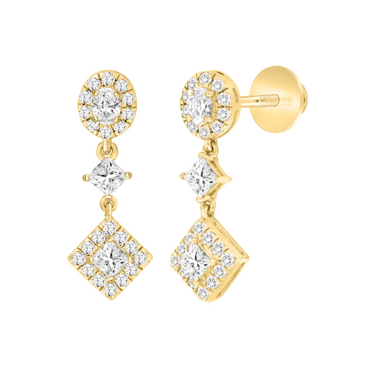 LADIES EARRINGS 1 3/4CT ROUND/OVAL/PRINCESS DIAMOND 14K YELLOW GOLD