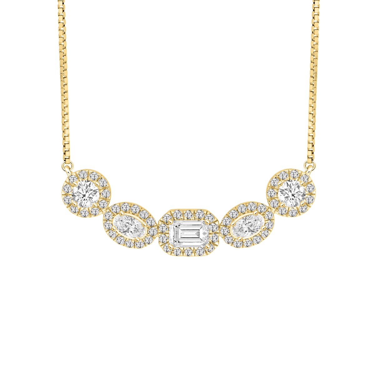 LADIES NECKLACE 2 1/2CT ROUND/OVAL/EMERALD DIAMOND 14K YELLOW GOLD (CENTER STONE EMERALD DIAMOND 1/2CT )