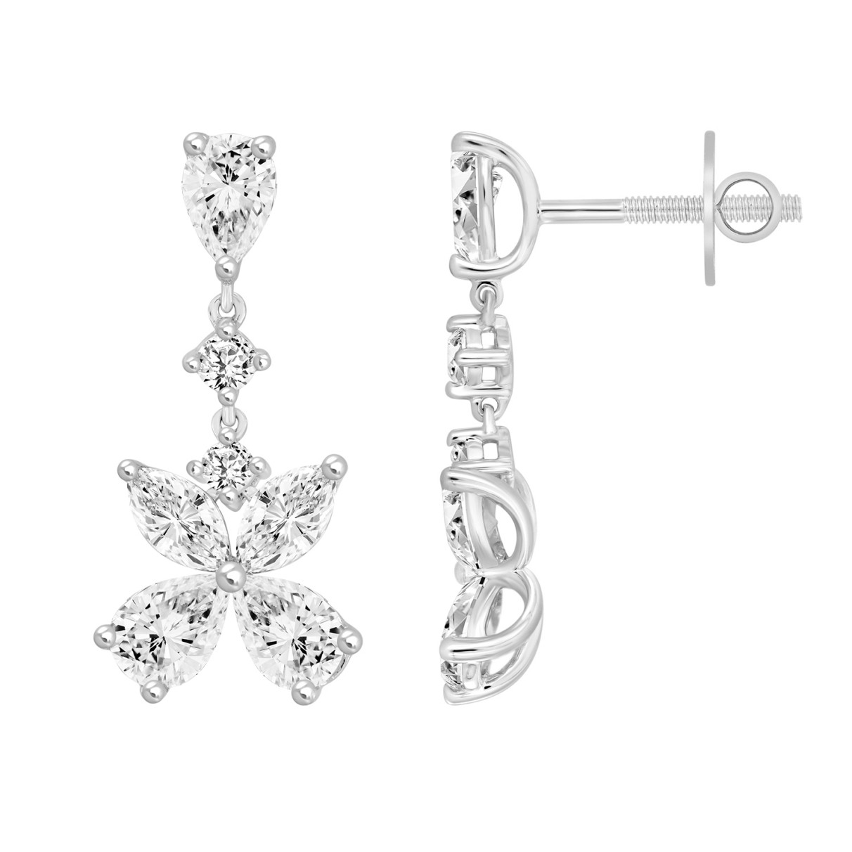 LADIES EARRINGS 3CT ROUND/MARQUISE/PEAR DIAMOND 14K WHITE GOLD