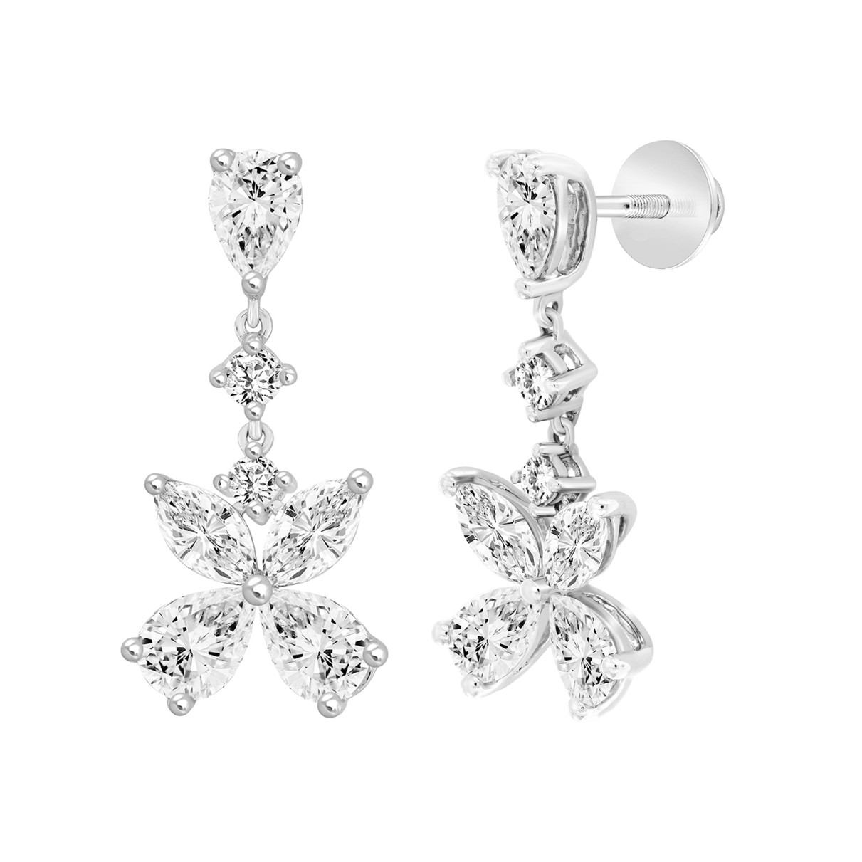 LADIES EARRINGS 3CT ROUND/MARQUISE/PEAR DIAMOND 14K WHITE GOLD