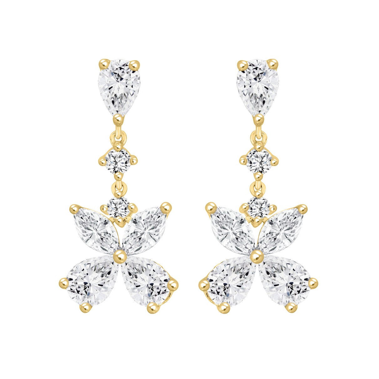 LADIES EARRINGS 3CT ROUND/MARQUISE/PEAR DIAMOND 14K YELLOW GOLD