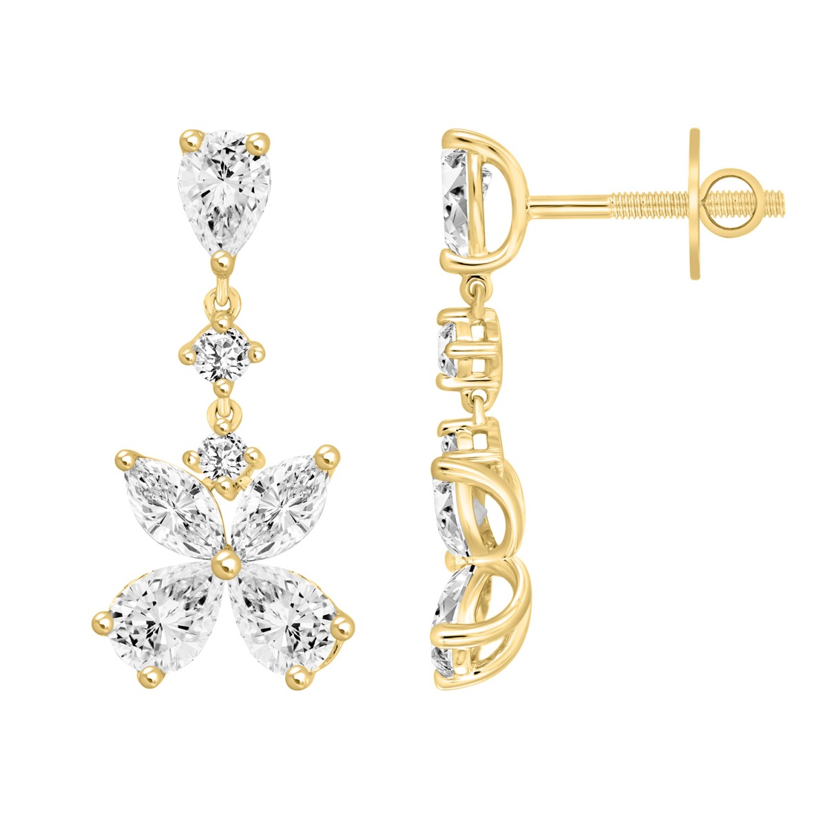 LADIES EARRINGS 3CT ROUND/MARQUISE/PEAR DIAMOND 14K YELLOW GOLD