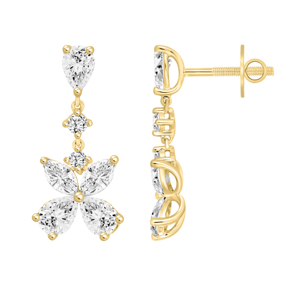 LADIES EARRINGS 3CT ROUND/MARQUISE/PEAR DIAMOND 14K YELLOW GOLD