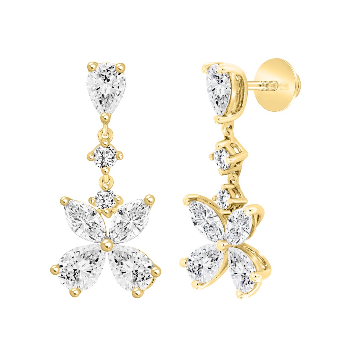 LADIES EARRINGS 3CT ROUND/MARQUISE/PEAR DIAMOND 14K YELLOW GOLD