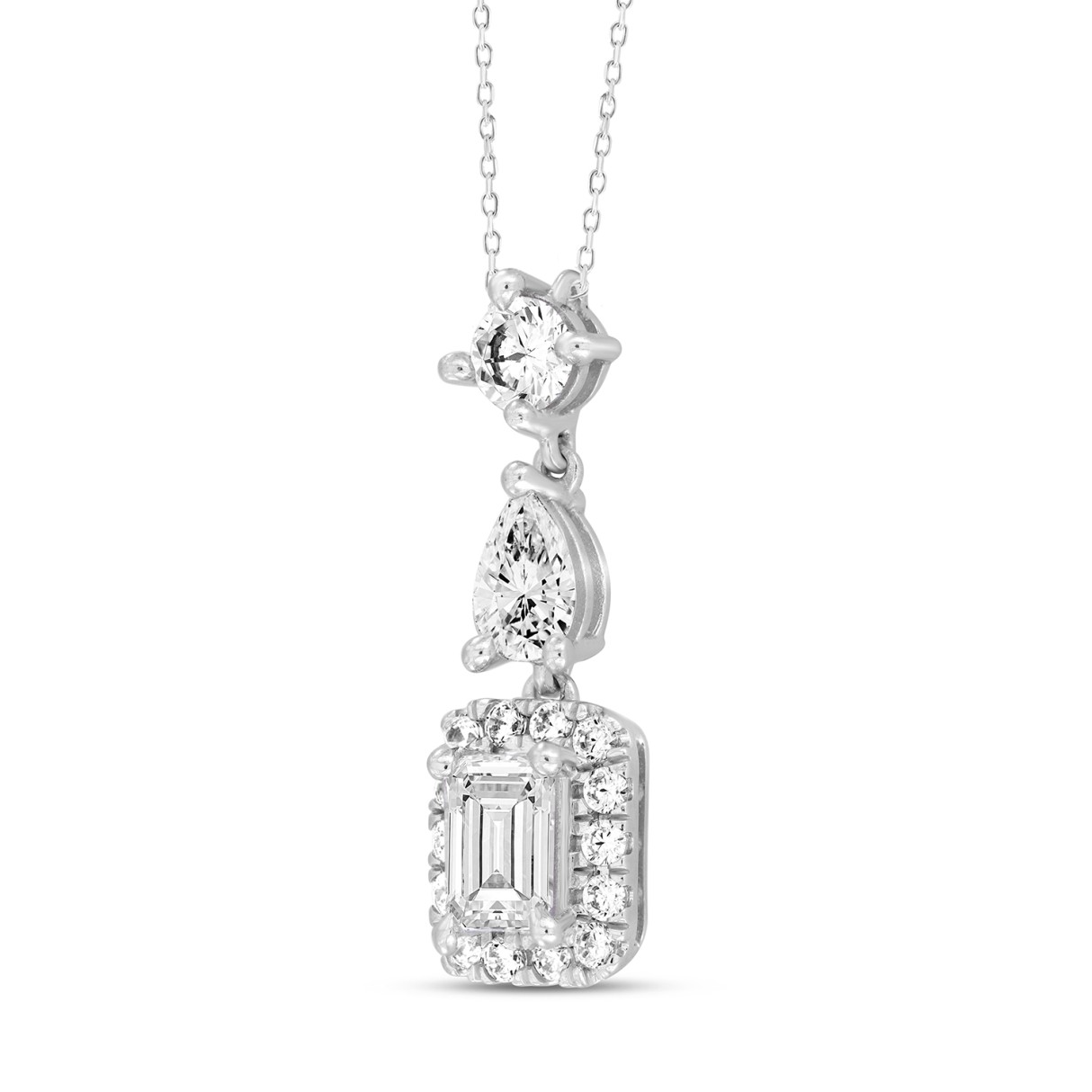 LADIES NECKLACE WITH CHAIN 1 1/2CT ROUND/PEAR/EMERALD DIAMOND 14K WHITE GOLD