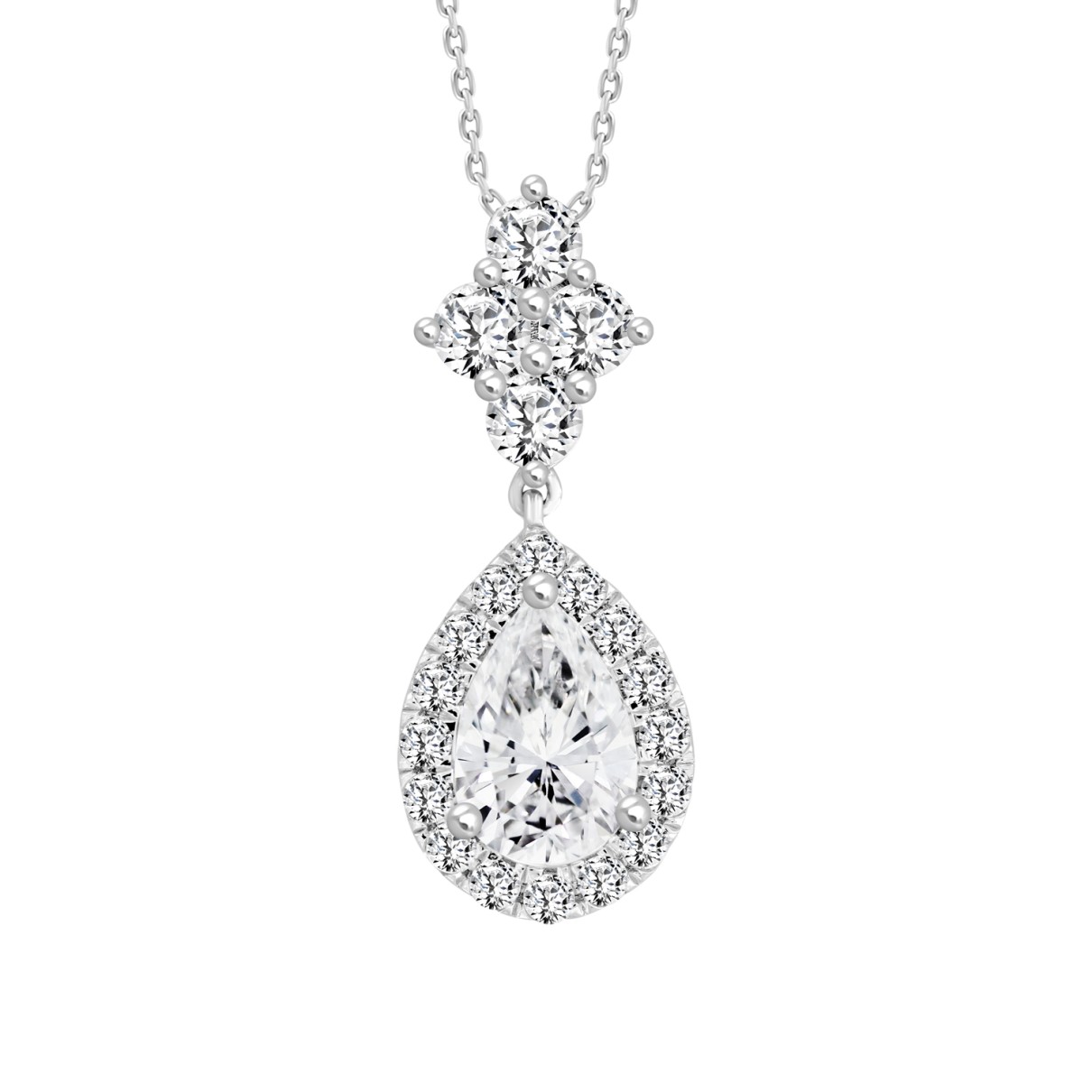 LADIES NECKLACE WITH CHAIN 2 1/2CT ROUND/PEAR DIAMOND 14K WHITE GOLD (CENTER STONE PEAR DIAMOND 1 1/2CT )