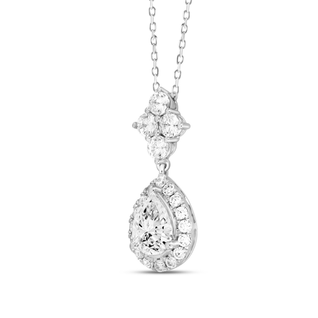 LADIES NECKLACE WITH CHAIN 2 1/2CT ROUND/PEAR DIAMOND 14K WHITE GOLD (CENTER STONE PEAR DIAMOND 1 1/2CT )