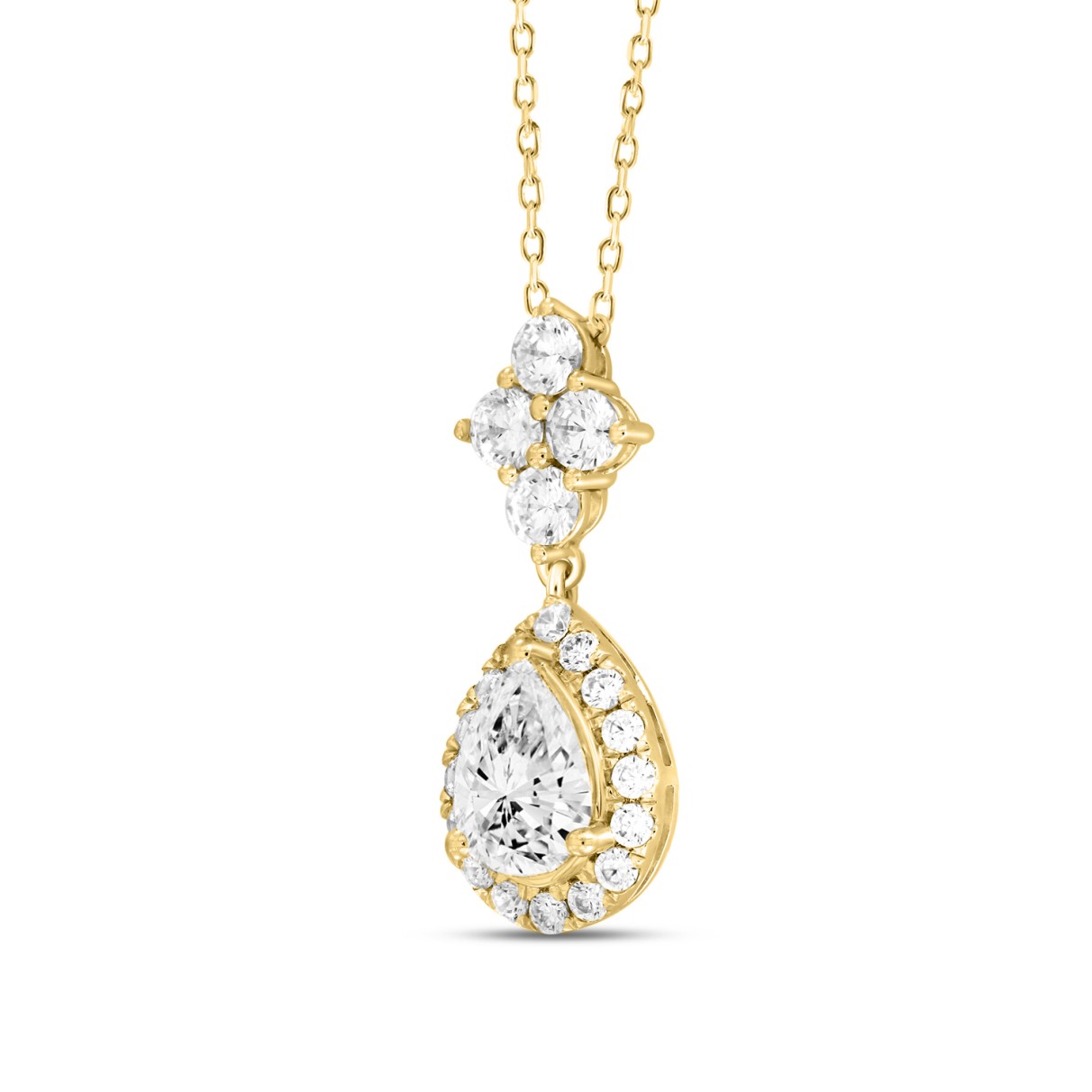 LADIES NECKLACE WITH CHAIN 2 1/2CT ROUND/PEAR DIAMOND 14K YELLOW GOLD (CENTER STONE PEAR DIAMOND 1 1/2CT )